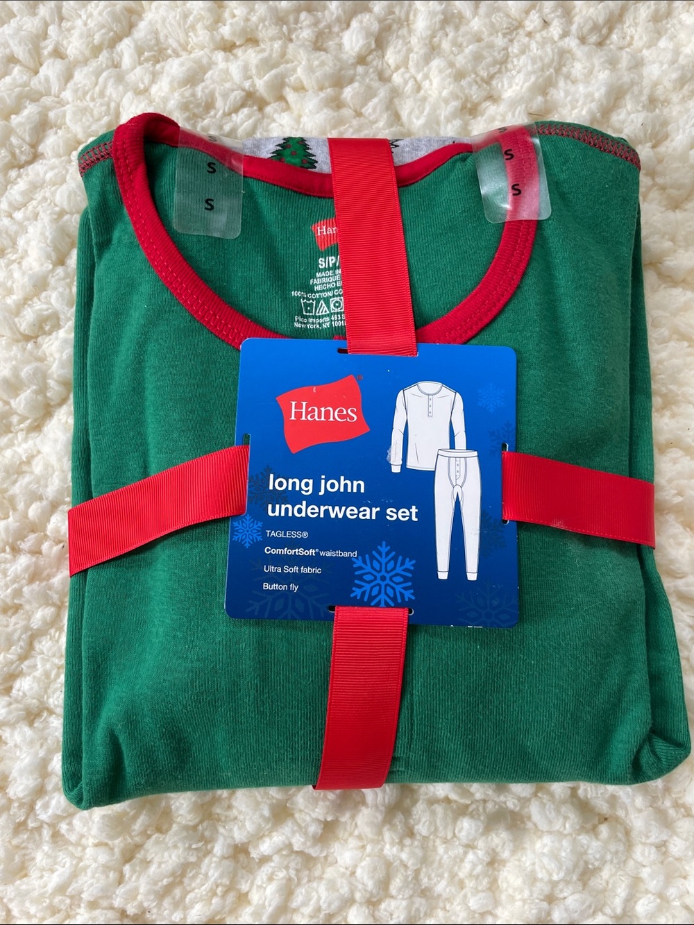 Hanes Green Long John Pajama Set with Red Trim Christmas